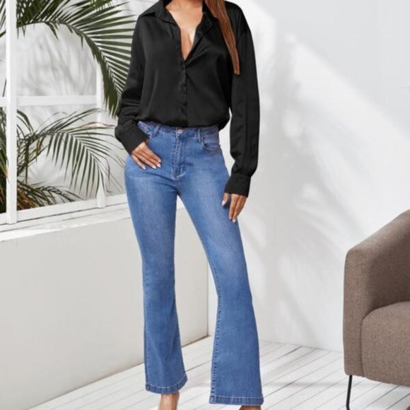 Tops - CHIC DOLLZ Satin Button Down Blouse - Black